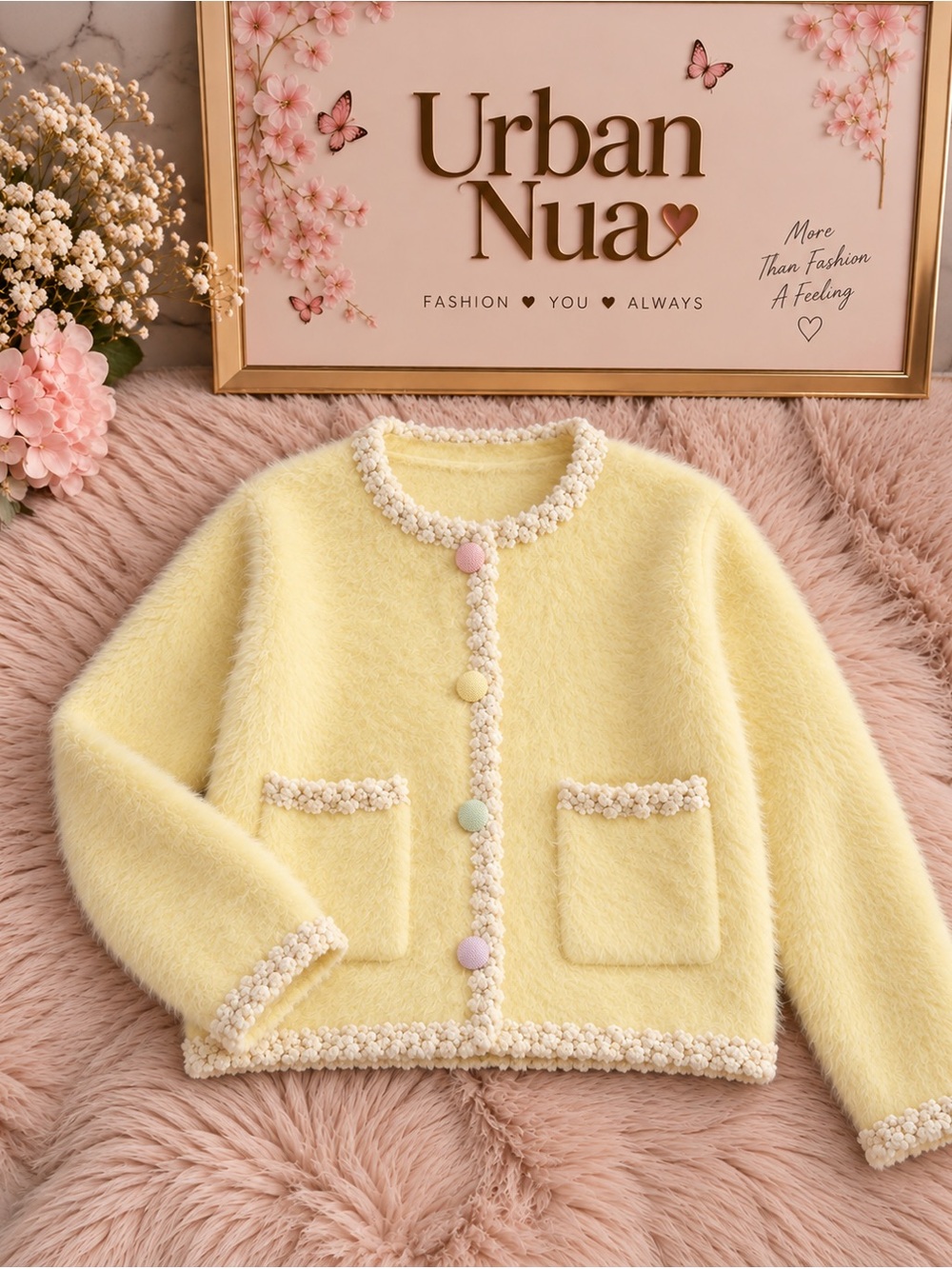 Urban Outfitters Pastel Yellow Fuzzy Cardigan with Pearled Trim